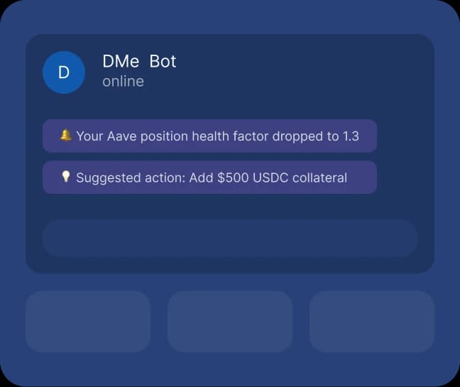 DMe Telegram bot showing a DeFi alert notification