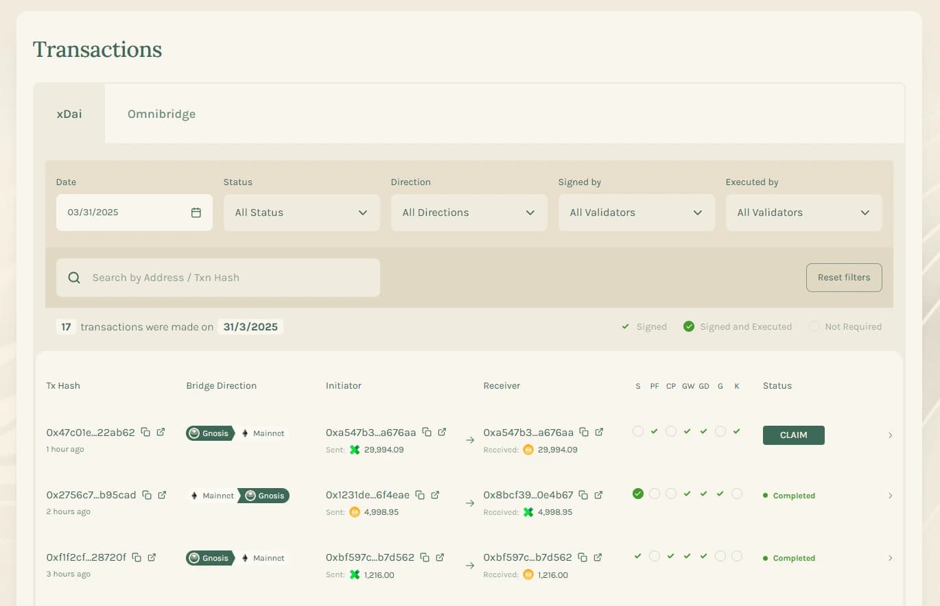Gnosis Bridge Explorer displays transactions from both Gnosis native bridges in a single explorer